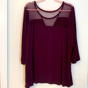 - Lane Bryant Burgundy Long Sleeve V-Neck Top w/Lace on theFront/Back. Siz…
